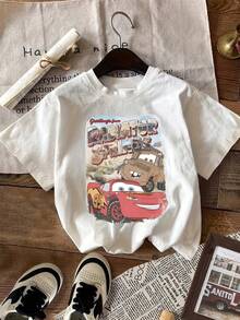 Disney Cars Vintage Poster T-Shirt McQueen Mater Radiator Springs Unisex Loose Cotton Short Sleeve Cool Personalized Top - 白色 - 查看 3