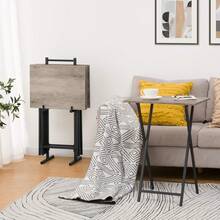 2 Set Folding Side Tables Industrial Metal Frame Rustic Brown TV Tray Table For Eating Laptop Coffee Sofa End Table Small Space Living Room - 灰褐色 + 黑色 - 查看 8
