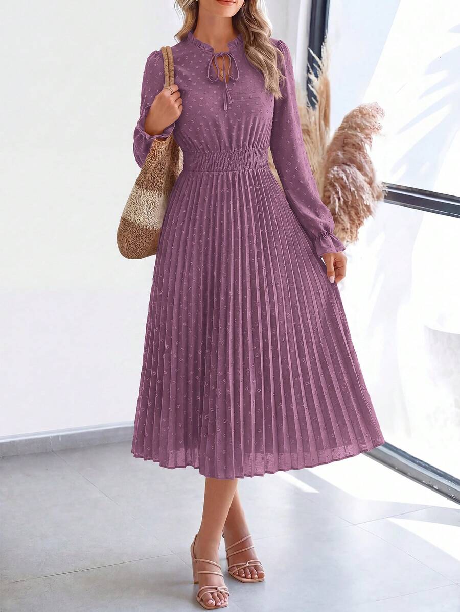 PRETTYGARDEN Women's Spring Fall Midi Dress Casual Long Sleeve V Neck Swiss Dot Pleated A Line Flowy Dresses New Years Party Valentine Vacation Dresses For Women - 紫色 - 查看 1