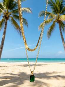 2 Stacked Geometric Square Green Zirconia Pendants, Double-Layer Collarbone Chain, Men's Necklace - Multicolor - View 4