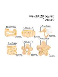 6piezas/Set Anillos de articulación con flores de perlas falsas asimétricas, anillos personalizados con gota de aceite para mujeres, versátiles para uso diario, ir al trabajo, todas las estaciones, regalo para novia - Dorado - Ver 3