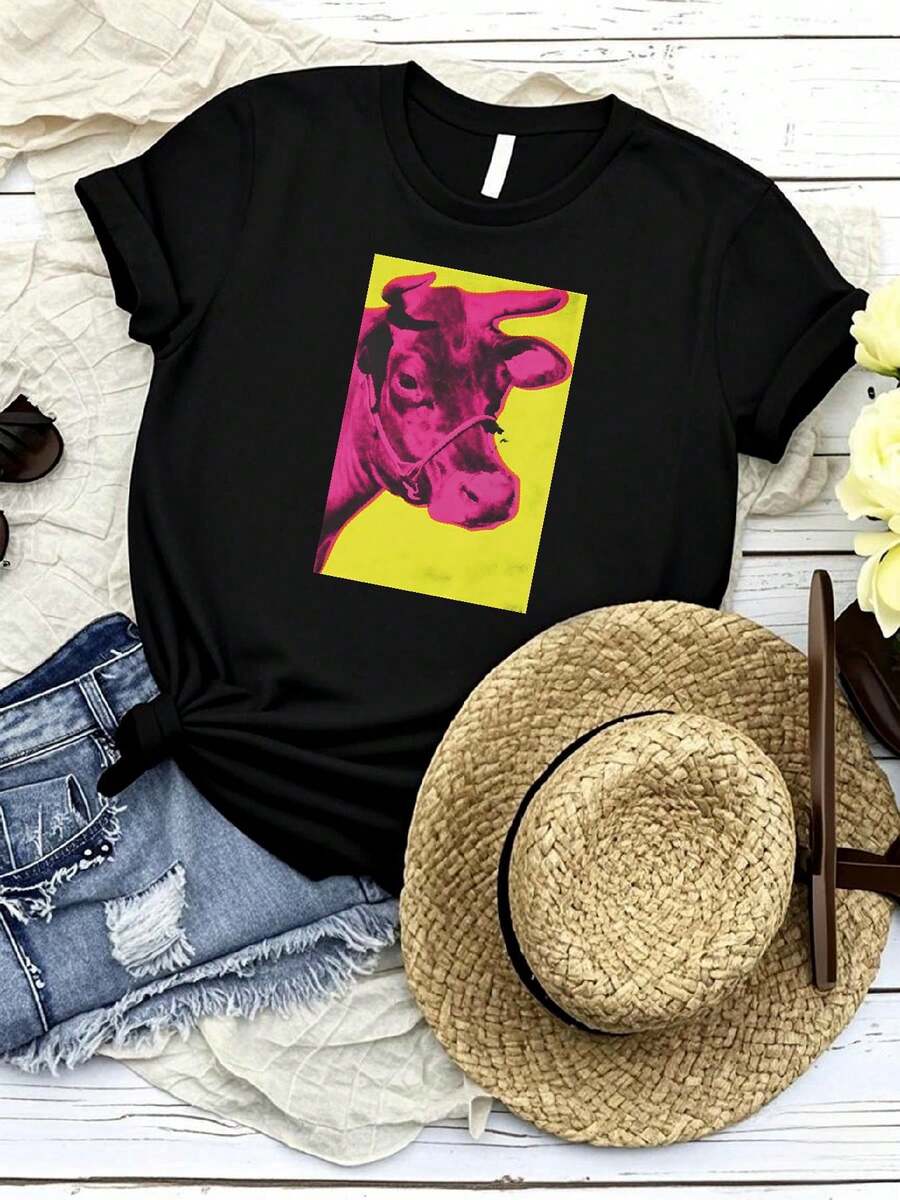 T-shirt pour femmes avec imprimé "Anyd Warhall Cows" T-shirt unisexe - Noir - Voir 1