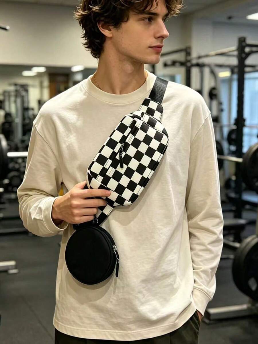 極簡百搭男士胸包2件組,多功能單肩斜背腰包,清新素色尼龍黑白格紋布料迷你手機包,簡約時尚旅行街頭運動風 - 黑與白 - 查看 1