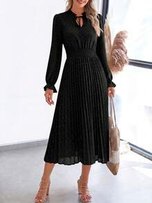 PRETTYGARDEN Women's Spring Fall Midi Dress Casual Long Sleeve V Neck Swiss Dot Pleated A Line Flowy Dresses New Years Party Valentine Vacation Dresses For Women - 黑色 - 查看 5