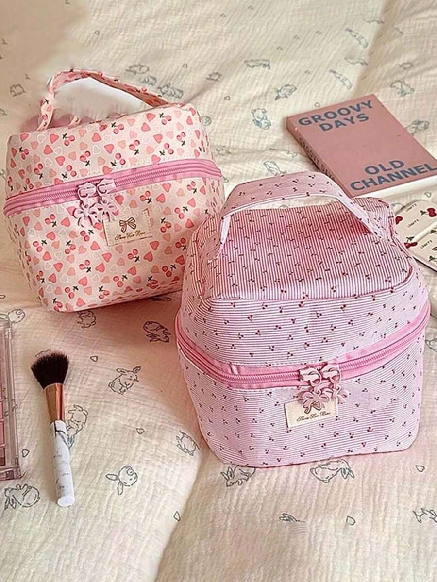 1 Stück extra große rosa gestreifte Kirsch-Muster Kosmetiktasche, Handtasche mit großer Kapazität, tragbare wasserdichte Reise-Organizer-Tasche, mädchenhafte einfache Make-up-Tasche für den Alltag, Camping, Pendeln, faltbare Make-up-Werkzeug-Aufbewahrungstasche, Geschenk für Frauen Urlaubsparty