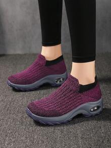 Women's Mixed Knit Slip-On Sneakers, Cushioned Shock-Absorbing Walking Shoes, Contrast Color Trim Athletic Shoes - Purple - View 4