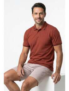Caedu Polo Masculina Terracota Microtextura - Bege - Visão 1
