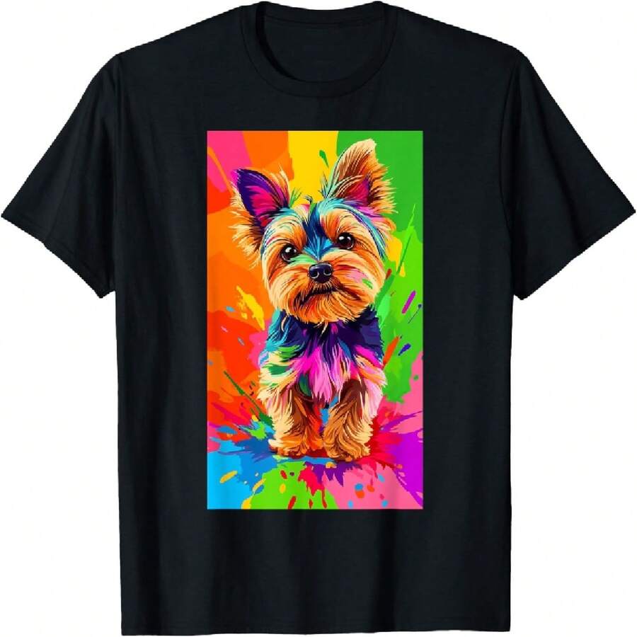Colorful Pop Art Yorkie Yorkshire Terrier Pet Art T-Shirt - Black - View 1