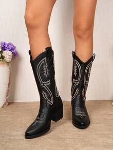 Women's Embroidered Western Mid-Calf Slip-On Boots With Floral Pattern And Chunky Heel - Black - View 3