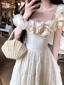 Dress, Wedding Dress, Long Dress, Wedding Guest Dress: Heavyweight Material, Extra-Wide Skirt, Strapped Waist-Defining Dress (Women's Resort Dress) - Apricot - View 4