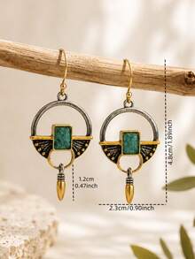 1 Pair Vintage Dual-Tone Gold & Silver Geometric Open Hoop Pendant Earrings, Inlaid Rectangular Green Rhinestone Long Hook Earrings, Bohemian Vintage Statement Jewelry, Suitable For Daily Wear, Party, Gift - Multicolor - View 7