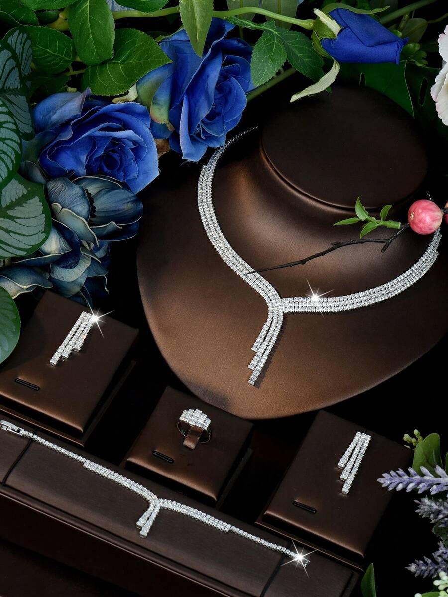 1 Set Minimalist Ceremonial Style Y-Shaped Double Tassel Zirconia Accessory Set + Symmetrical Long Vertical Bar Earrings V-Neck Necklace 4-Piece Set + Wedding Photography Elegant Crisp Bridal Jewelry - Silver - View 1