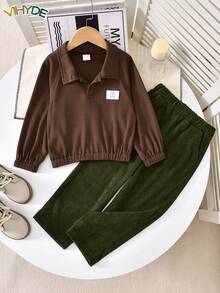 Vihyde Boys' Cute Retro Waffle Knit Raglan Polo Shirt & Corduroy Loose Wide Leg Pants 2 Pieces Set, Autumn/Winter - Dark Green - View 4