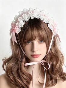 1件白色蕾絲粉色蝴蝶結緞帶蘿莉塔髮箍 女款時尚 Cosplay 髮飾 派對用 - 白色 - 查看 1