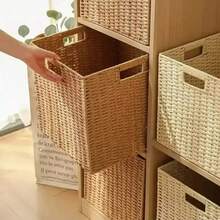 1pc Hand-Woven Storage Box Oriental Zen Wabi-Sabi Style Simple Solid Color Foldable Space-Saving Natural Material Storage Box Storage Basket Desktop TV Cabinet Wardrobe Storage Supplies - Multiple Colors - View 5
