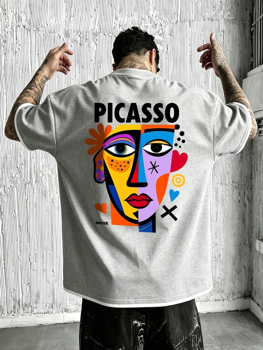 Men's Vintage Patchwork Pattern T-Shirt With Abstract Print, Suitable For Daily Wear
