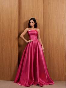 Women's Strapless Long Party Dress In Glossy Zibeline Fabric With Padded Cups And Adjustable Back | For Graduation, Wedding, And Bridesmaid - 玫紅色 - 查看 1