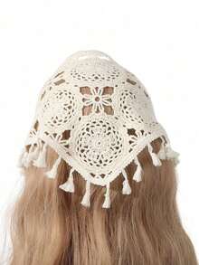 1pc Beige Knitted Hollow Out Tassel Triangle Scarf - Multicolor - View 4