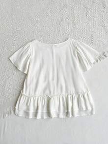 Blusa de mujer de verano de color liso minimalista con encaje calado, manga corta y bajo multicapa - Blanco - Ver 3