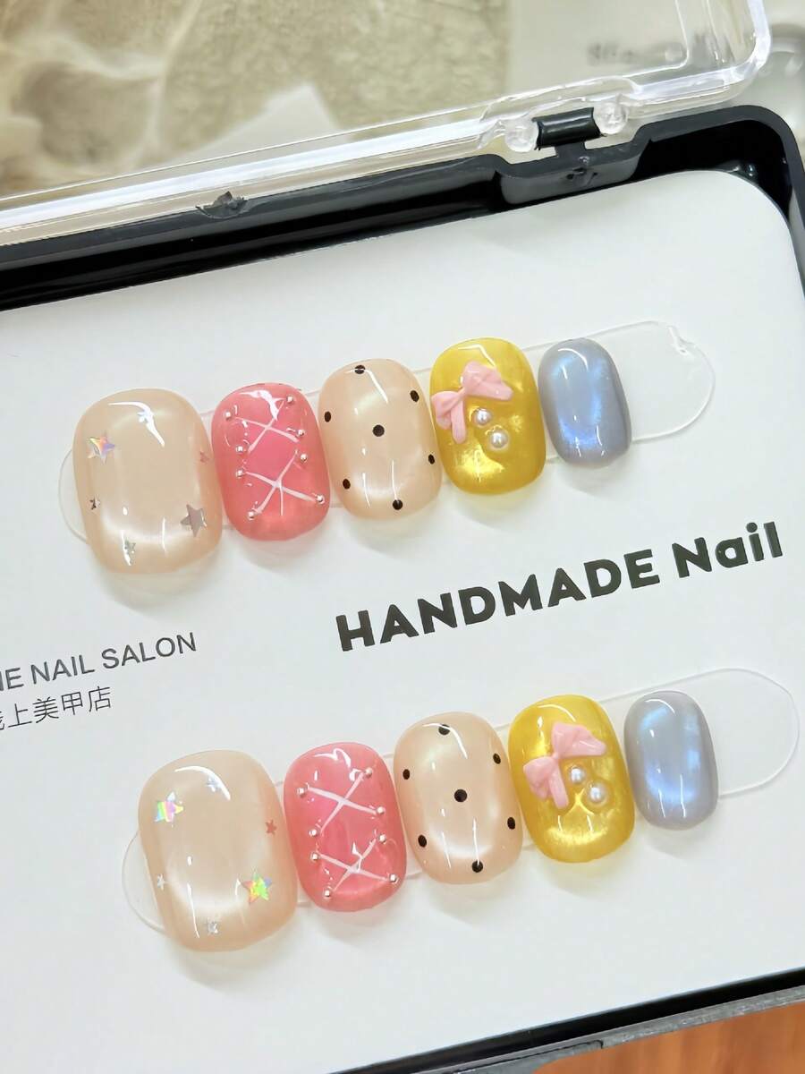 10PCS Luxury Multicolor Cat Eye Press On Nails, Handmade Short Square False Nails With 3D Bow, Holographic Star & Polka Dot Detail, Elegant Coquette Nail Tips, Reusable Cute Kawaii Nail Art - Multicolor - View 1