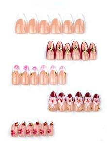 10PCS Almond Shaped Brown Gradient 3D Flower French Fake Nails, Suitable For Girls Summer Vacation, Daily Wear, Outings, Holiday Parties, Birthday Gatherings And Other Occasions, Removable And Reusable - Multicolor - View 2