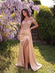 ADYCE Vestido de gala elegante con diseño de hombros descubiertos, aplique hecho a mano exquisito, cintura alta con abertura, cinturón de satén, espalda descubierta, largo hasta el suelo, vestido de graduación, baile de bienvenida, vestido de invitada de boda - Albaricoque - Ver 1