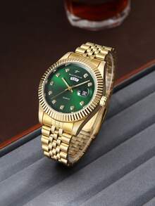 RICECGO 1pc Classic Men's Quartz Watch With Dual Calendar Display, Business Casual Steel Band Wristwatch, Fashionable And Reliable, Suitable As Father's Gift - Gold - View 1