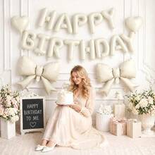 20 Stücke und 15 Stücke Set cremeweiße Happy Birthday Banner + 21-Zoll cremeweiße Schleifenballons + 18-Zoll herzförmige Folienballons, geeignet für Mädchen, Geburtstagsdekoration für Frauen, Prinzessinnen-Stil Partydekoration, cremefarbene Geburtstags-Themen-Partydekoration Ballons - Geburtstag - View 1