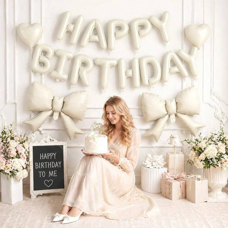 20 Stücke und 15 Stücke Set cremeweiße Happy Birthday Banner + 21-Zoll cremeweiße Schleifenballons + 18-Zoll herzförmige Folienballons, geeignet für Mädchen, Geburtstagsdekoration für Frauen, Prinzessinnen-Stil Partydekoration, cremefarbene Geburtstags-Themen-Partydekoration Ballons - Geburtstag - View 1