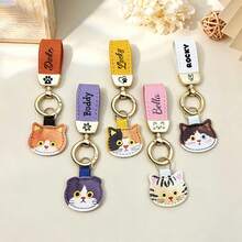 Personalized Leather Cat Keychain With Custom Name, Cute Cat Bag Charm For Cat Lovers - Multicolor - View 2