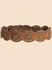 1 pièce Ceinture de cow-boy occidentale style bohème en daim marron patchwork pour femmes, convient pour les jeans, les jupes courtes, le port quotidien, style mode - Accessoires bordés de daim marron - Voir 2