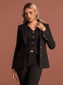 Setelan Jas Wanita Hitam Bergaya dengan Aksen Kancing Emas, Kerah, Blazer Lengan Reguler, dan Kain Non-Stretch untuk Tampilan yang Terdefinisi - Hitam - View 5