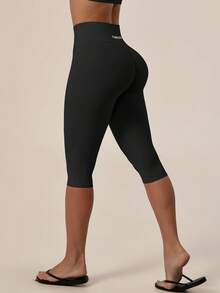 TimeOff Women's 1pc High Waist Wide Waistband Ruched Butt Tummy Control Butt Lift Sports Mid-Length Shorts - Black - View 5
