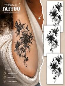 Temporary Tattoo Stickers For Women, Waterproof Floral Rose & Butterfly Thigh Body Art, Long-Lasting, Adjustable Fashionable Temporary Tattoo For Party, Beach, Cosplay, Or Daily Wear - Black - View 8