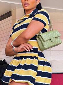 Fashionable Collared Vintage Striped Sporty Short Sleeve Dress - Yellow - View 5