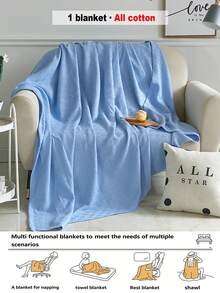 1pc Soft & Comfortable New Pure Cotton Knit Blanket - Ultra-Thin Breathable Design | All-Season Bedding | Ideal For Summer And Night Sweating | Modern Soft Texture Blanket | Easy Care Fabric | Machine Washable, Suitable For Bed, Sofa - Perfect For Relaxing And Cuddling - Blanket - Light Blue - View 3