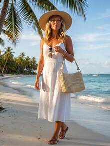 Beach Bag Vacation Season Large Capacity Straw Woven Bag Minimalist Crescent Bag Versatile Crossbody Shoulder Bag - Beige - View 2