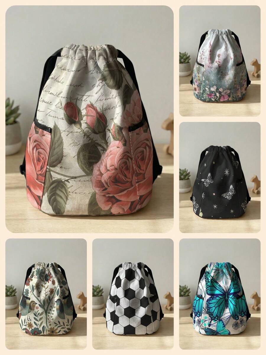 1pc Drawstring Backpack, Multi-Scenario Universal, Extra Large Capacity, Ultra-Lightweight & Portable, Durable, High Aesthetic, Foldable Storage Bag, Flower, Butterfly, Soccer Pattern Drawstring Fitness Sports Backpack, Dust-Proof Storage, Suitable For Outdoor Travel, Fitness, Daily Commute And School Use - Multicolor - View 1