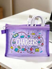 網格拉鍊收納袋 - "Charger"字母圖案，文具收納袋，附"Charger"字母圖案，數位收納袋，化妝袋，護膚袋，旅行盥洗用品袋必備，宿舍用品，婚禮新娘禮物生日禮物，朋友和，口紅化妝收納袋，度假旅行必備，教師節禮物，夏季戶外收納使用，返校季禮物 - 彩色 - 查看 11