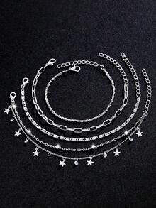 4件組時尚立方鋯石星星吊墜多層鏈條設計度假風女款女孩手鍊套組 - 銀色 - 查看 2