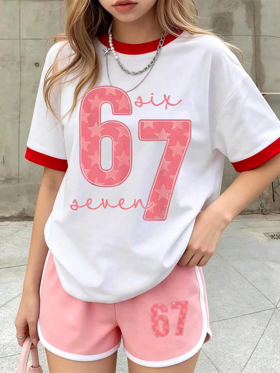 Sweet Fashion「67」星星印花短袖上衣與短褲套裝,適合夏季日常休閒穿著,青少年女孩風格 - 彩色 - 查看 1