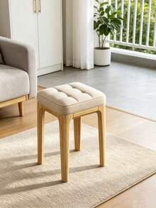 1pc Solid Wood Button Tufted Square Stool, Soft Padded Ottoman Stool, Modern Minimalist Vanity Chair, Multi-Functional Entryway Shoe Bench, Suitable For Living Room Bedroom Home Furniture - Beige - View 4