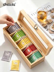choxila 1Pc Wooden Tea Bag Storage Box, Compartment Desktop Sundries Organizer Flip Cover Storage Rack For Office Coffee Tea Storage - Wooden Tea Bag Storage Box - View 1