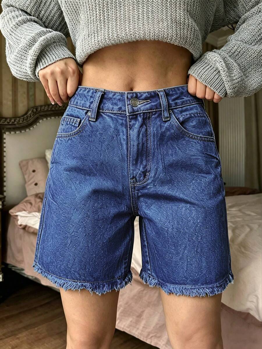 HAPPY GIRL Celana Pendek Bermuda Denim Wanita Gaya Mahasiswa/Kuliah, Serbaguna, Kasual, Modis, Memanjangkan Kaki, Sederhana, dengan Ujung Berumbai - Dark Wash - View 1