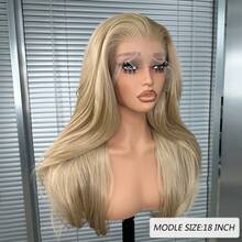 蜂蜜金 13x4 合成蕾絲前假髮 女款，18 吋中長波浪捲髮，簾幕瀏海，無膠 Kanekalon 耐熱合成髮，中分，150% 密度，自然髮際線，時尚女款女孩派對度假假髮 - 駝色 - 查看 5