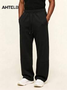 AHTELB Men's All-Season Drawstring Elastic Waist Casual Wide Leg Pants, Comfortable Fashionable Versatile Solid Color Straight Leg Trousers, Street Style Sports Casual Pants, Loose Drape Straight Leg Sweatpants, Suitable For Daily Commute, Casual Wear And Outdoor Running, Men's Clothing, Men's Pants, Men's Sportswear, Men's Gym Wear, Men's Sweatpants, For Friends, Husband, Boyfriend Gifts - Black - View 1