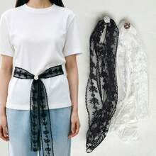 1件蕾絲刺繡腰繩時尚珍珠裝飾扣腰帶 女款優雅髮圈包包配件 適合日常使用 - 黑+白 - 查看 7