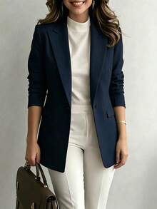 1pc Women's Elegant Old Money Style Solid Color Minimalist Blazer, Suitable For Daily Outings, Business, Workplace, Street, Office Wear - Royal Blue - View 3