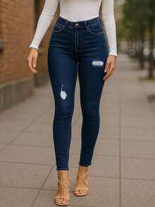 Pantalon De Mezclilla Dam, Jeans ajustados de cintura alta elásticos azules de moda para mujer, Pantalones vaqueros de mezclilla vintage rotos ajustados de corte slim,Suave y cómodo - 2045 - Ver 3