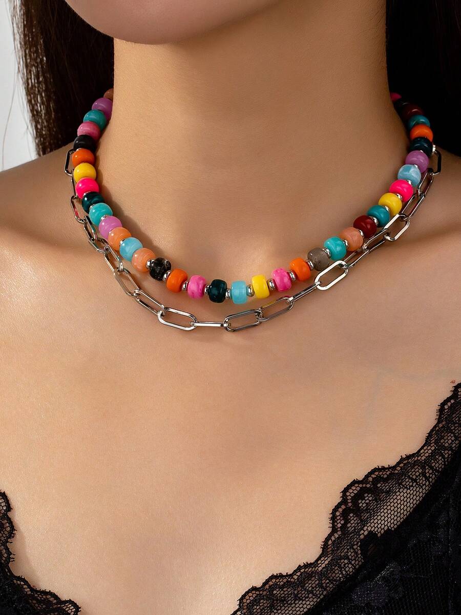 2pcs Cute Colorful Dopamine Style Metal Multi-Color Beaded Chain Necklace Set For Women Casual Wear - Multicolor - View 1